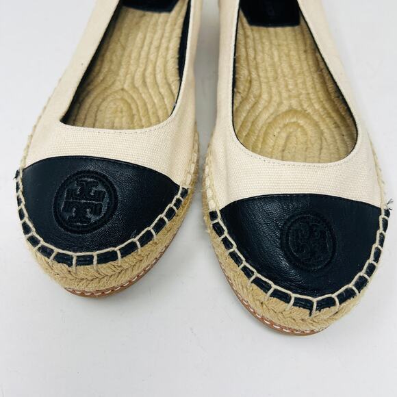 Tory Burch Cap Toe Espadrille Wedge Shoe Slip On Casual Tan Black - 8.5 - Picture 6 of 9